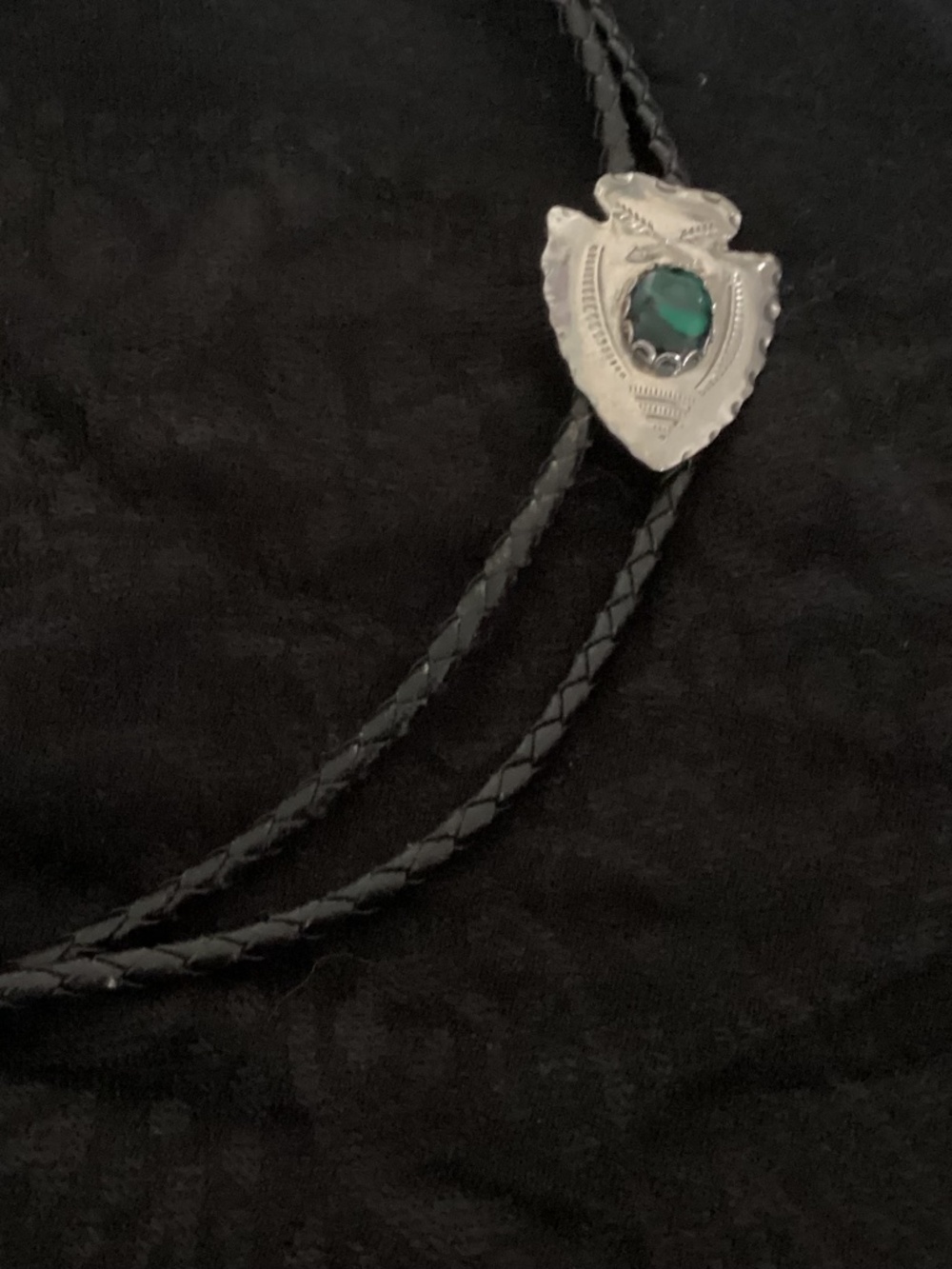 Silver with green stone bolo black leather